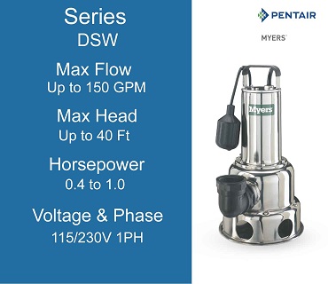  Myers Sewage Pumps, DSW Series, 0.4 to 1.0 Horsepower, 115/230 Volts 1 Phase